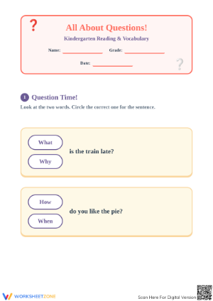 Printable Question Words Worksheet | Kindergarten ELA