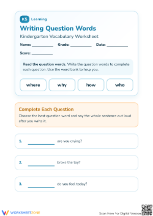 Printable Question Words Worksheet | Grade K ELA Essential