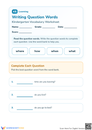 Essential Question Words Worksheet | Grade K ELA
