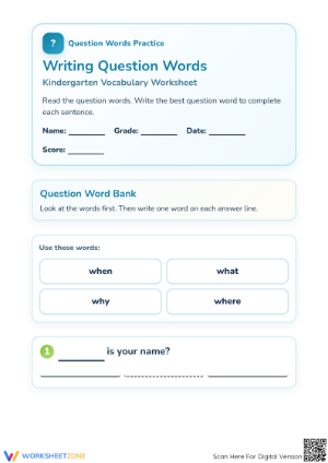 Essential Question Words Worksheet — Grade K ELA Aligned