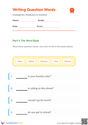 Printable Kindergarten Question Words Worksheet | Aligned