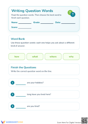 Printable Question Words Worksheet | Kindergarten ELA