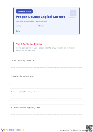 Proper Nouns Capitalization Worksheet | Grade 1 Printable