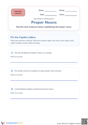 Essential Proper Nouns Capitalization Worksheet | Grade 1