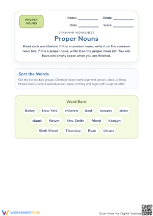 Proper Nouns Sorting Worksheet | Printable Grade 1 ELA