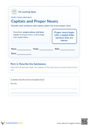 Printable Proper Nouns Capitalization Worksheet | Grade 1