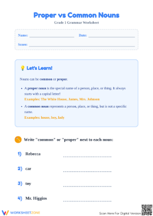 Grade 1 Proper vs Common Nouns — Printable No-Prep Worksheet