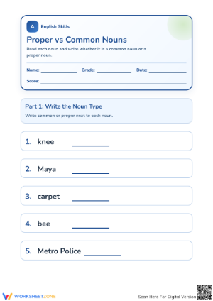 Printable Grade 1 Common and Proper Nouns Worksheet