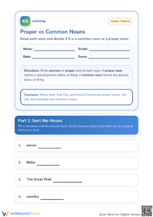 Printable Proper vs Common Nouns Worksheet | Grade 1 ELA