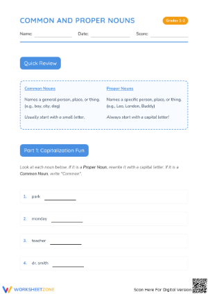 Essential Common and Proper Nouns Worksheet | Grades 1-2