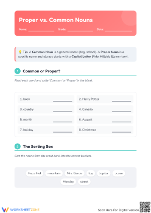 Printable Common and Proper Nouns Worksheet | Grade 1-2