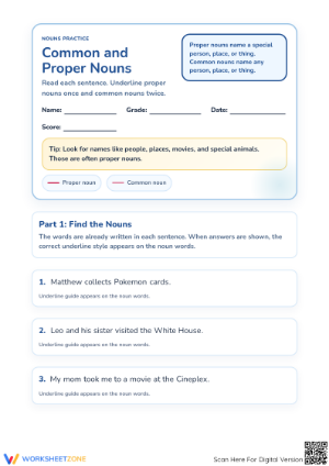 Common and Proper Nouns Worksheet | Grade 1 Printable
