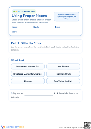 Printable Proper Nouns Worksheet | Grade 1 ELA Mastery