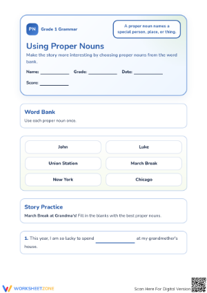 Printable Proper Nouns Worksheet | Grade 1 ELA