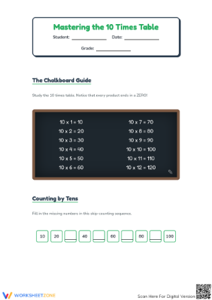 Essential 10x Times Table Worksheet | Grade 2-3 Printable
