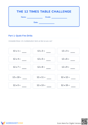 Printable 12 Times Table Challenge Worksheet — Grade 3