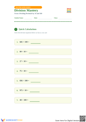 Printable Dividing by 10 and 100 Worksheet | Grade 4 Math