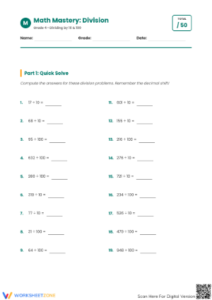 Printable Dividing by 10 and 100 Worksheet | Grade 4 Math
