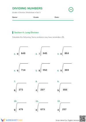 Printable Long Division Worksheet | Grade 4 Math