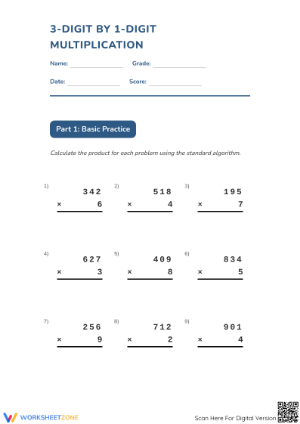 Printable 3-Digit by 1-Digit Multiplication Worksheet
