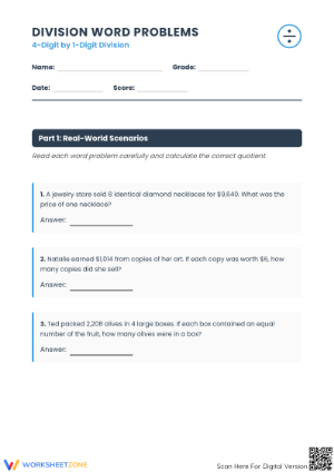 Printable 4-Digit by 1-Digit Division Word Problems