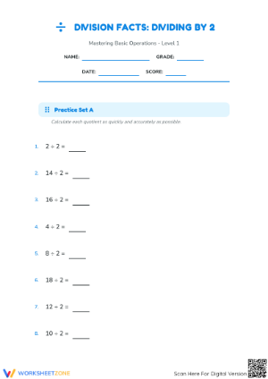 Grade 3 Dividing by 2 — Printable No-Prep Worksheet