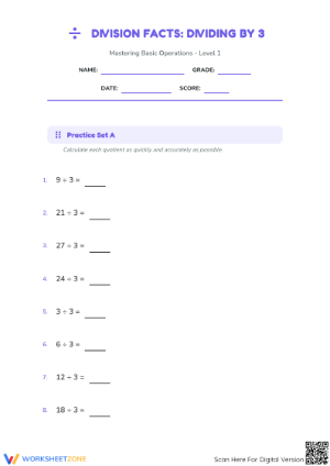 Grade 3 Division Facts — Printable No-Prep Worksheet