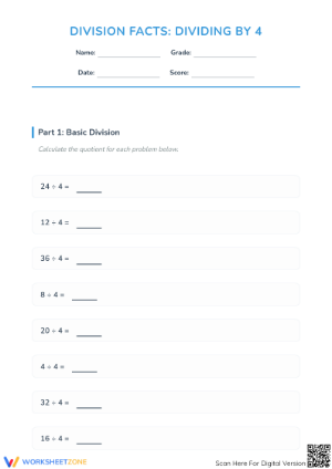 Grade 3 Dividing by 4 — Complete Printable Division Facts