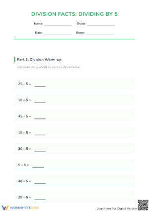 Printable Division by 5 Facts Worksheet | Grade 3 Math