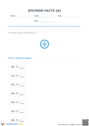 Printable Division Facts 7 Worksheet | Grade 3 Math