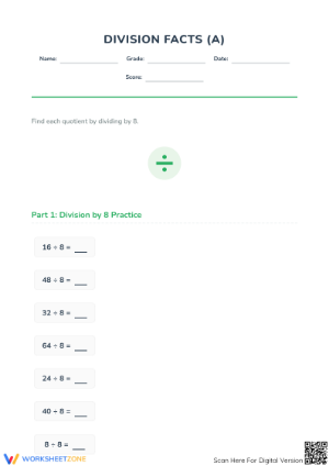 Division Facts Dividing by 8 Printable | Grade 3 Math