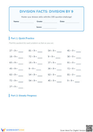 Printable Division by 9 Facts Challenge | Grade 3 Math