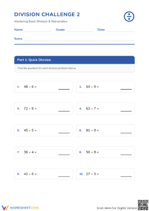 Printable Division Challenge Worksheet | Grades 3-5 Math