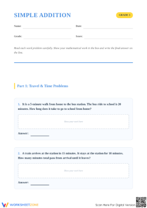 Grade 3 Simple Addition Word Problems — Printable Worksheet