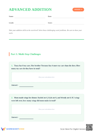 Printable Advanced Addition Word Problems | Grade 3 Math