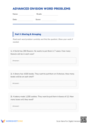 Printable Advanced Division Word Problems | Grade 3 Math