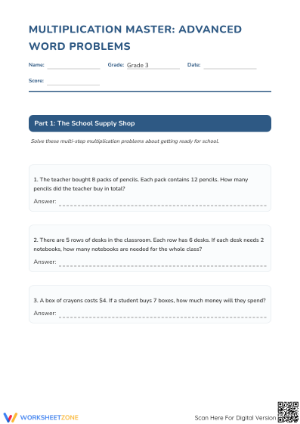 Printable Grade 3 Multiplication Word Problems Worksheet