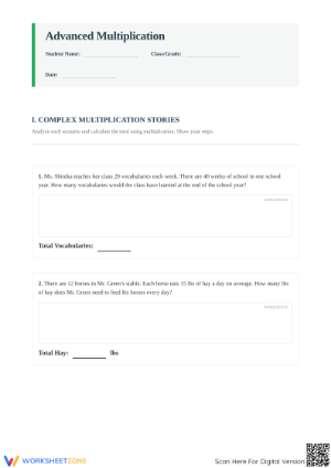 Printable Advanced Multiplication Word Problems: Grade 5