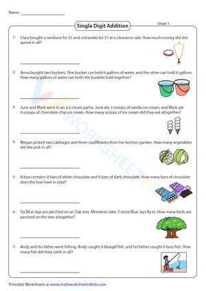 Single Digit Addition Worksheet for Beginners