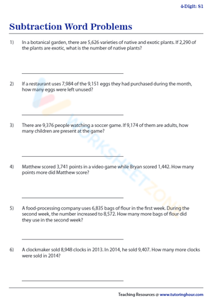 Subtraction Word Problems for Skill Practice