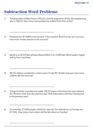 Advanced Subtraction Word Problems Worksheet
