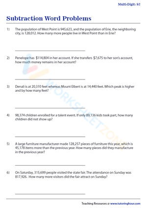 Advanced Subtraction Word Problems Worksheet