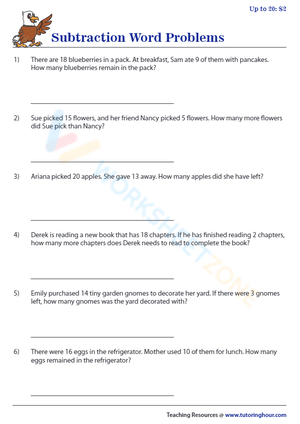 Detailed Subtraction Word Problems Worksheet
