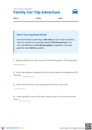 Family Car Trip Adventure Math Worksheet | Printable