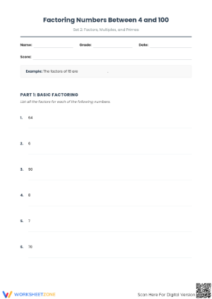 Essential Factoring Numbers 4-100 Worksheet | Grade 7 Math