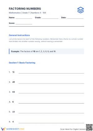 Essential Grade 7 Factoring Numbers 4-100 Worksheet