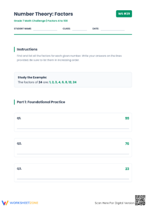 Essential Grade 7 Factoring Worksheet: Numbers 4-100