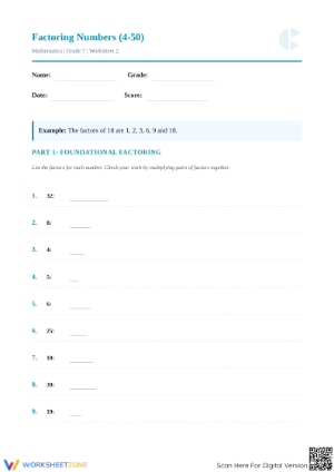 Printable Factoring Numbers (4-50) Worksheet | Grade 7 Math