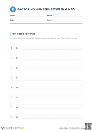 Printable Factoring Numbers (4-50) Worksheet | Grade 7 Math