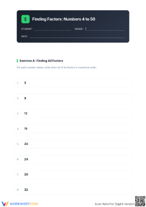 Printable Factoring Numbers 4-50 Worksheet | Grade 7 Math